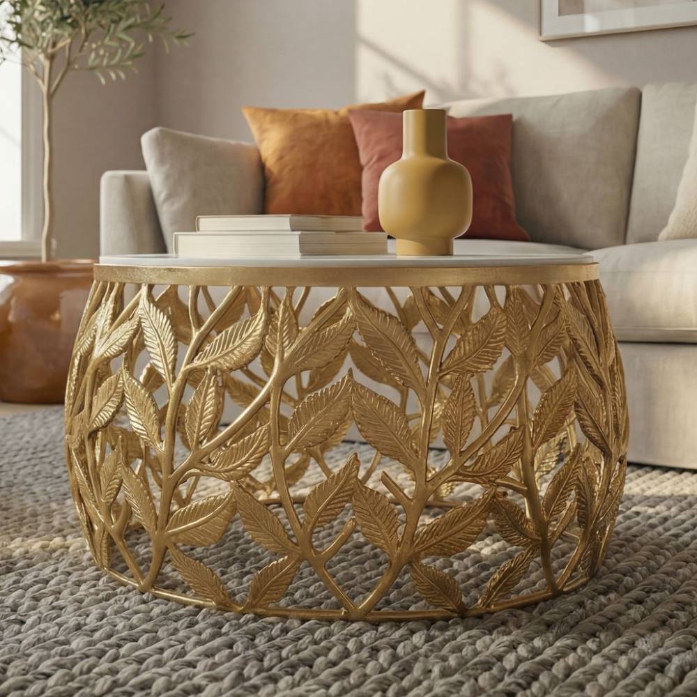 Goldener runder Couchtisch mit filigranem Blätter-Design und weißer Marmorplatte für das Wohnzimmer – Diaria