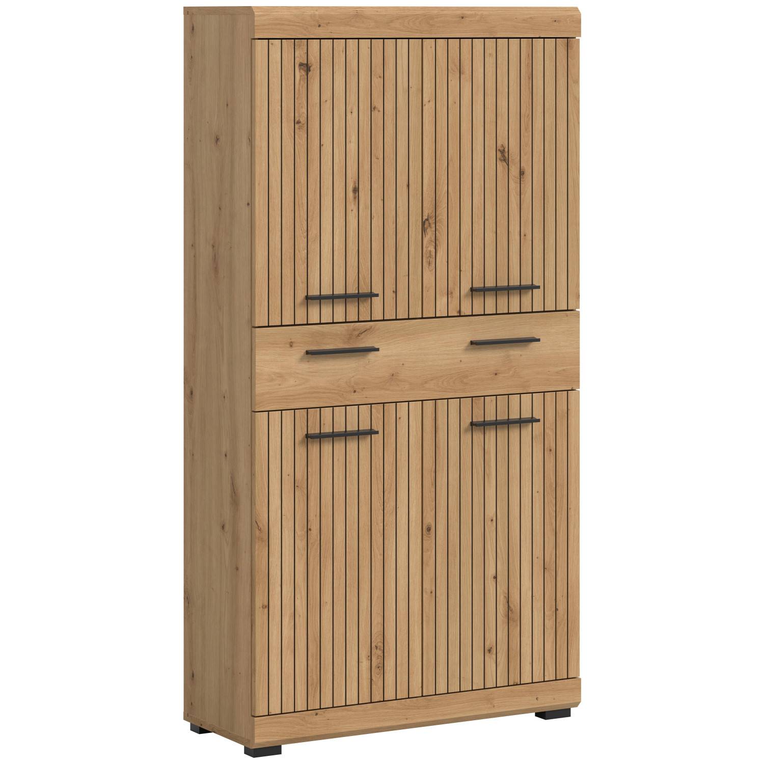 Robuster Hochschrank mit natürlicher Holzoptik, vertikaler Relief-Front und schwarzen Griffen – Lasewood
