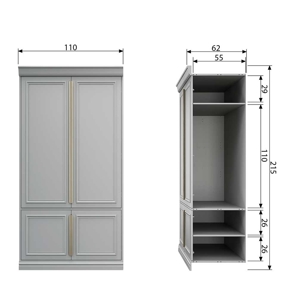 Kleiderschrank Maße und Innenaufteilung mit Regalböden und Kleiderstange – Emra
