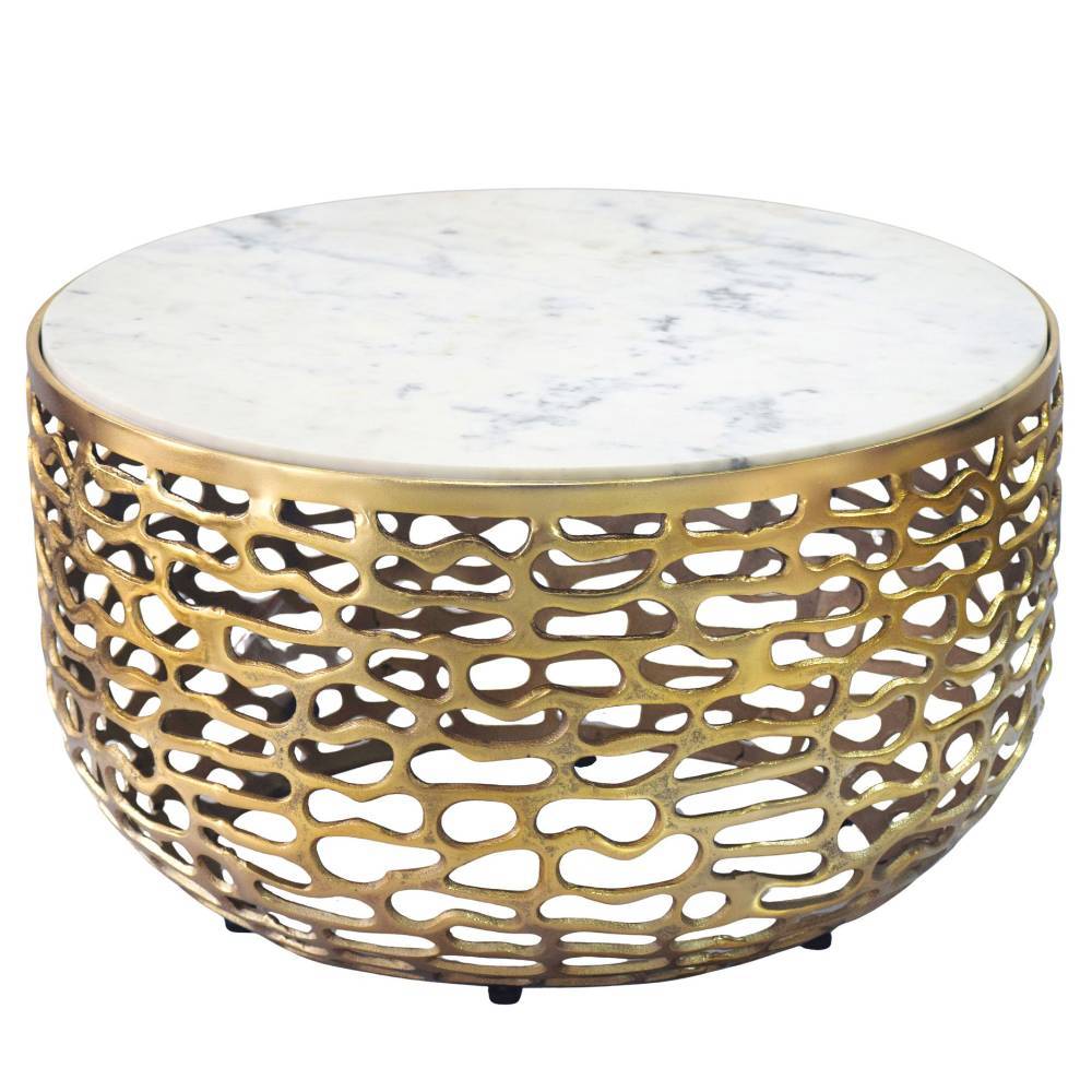 Eleganter runder Couchtisch mit weißer Marmorplatte und goldenem Gestell – Goyas