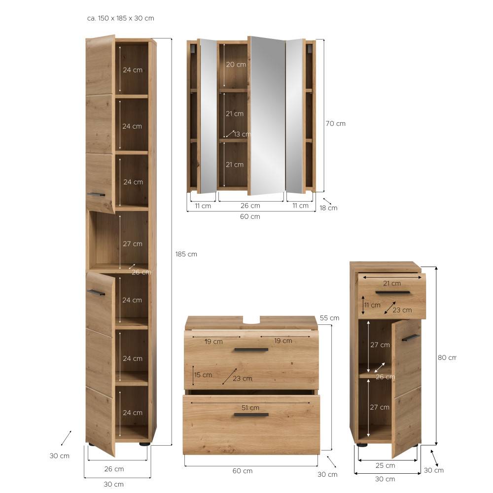 Maße und Abmessungen des vierteiligen Badezimmermöbel Sets mit Hochschrank und Spiegelschrank – Canopus