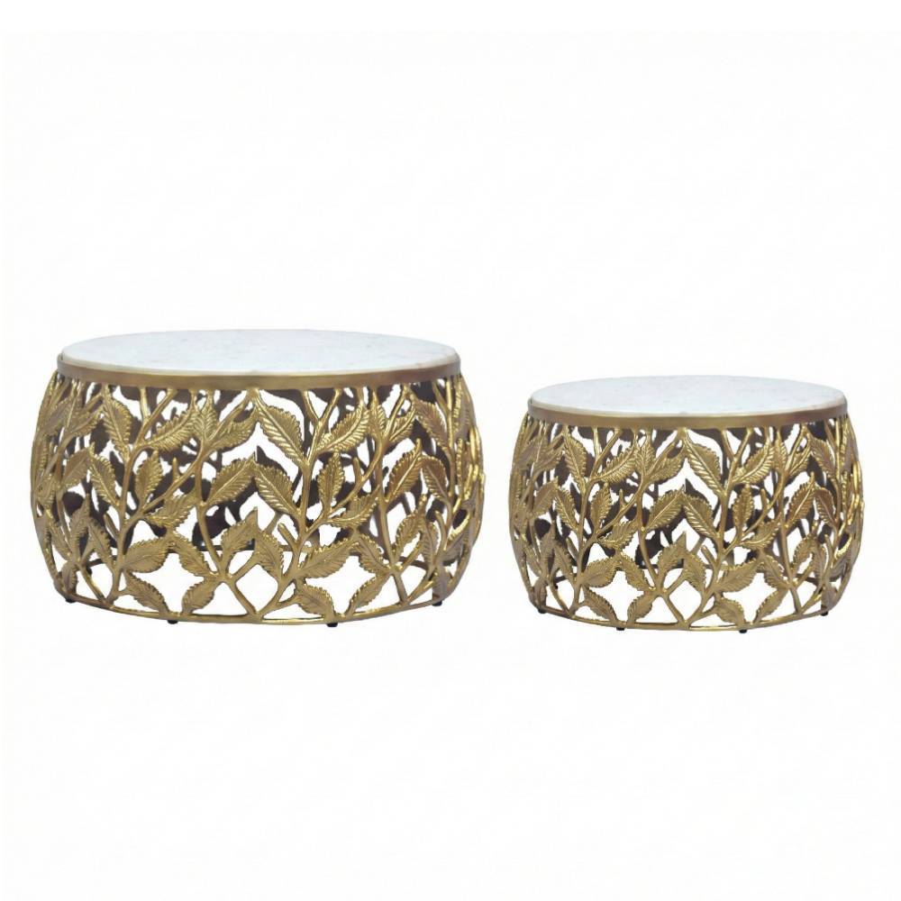 Zweiteiliges Couchtisch-Set mit runder Marmorplatte und goldenem Metallgestell – Diaria