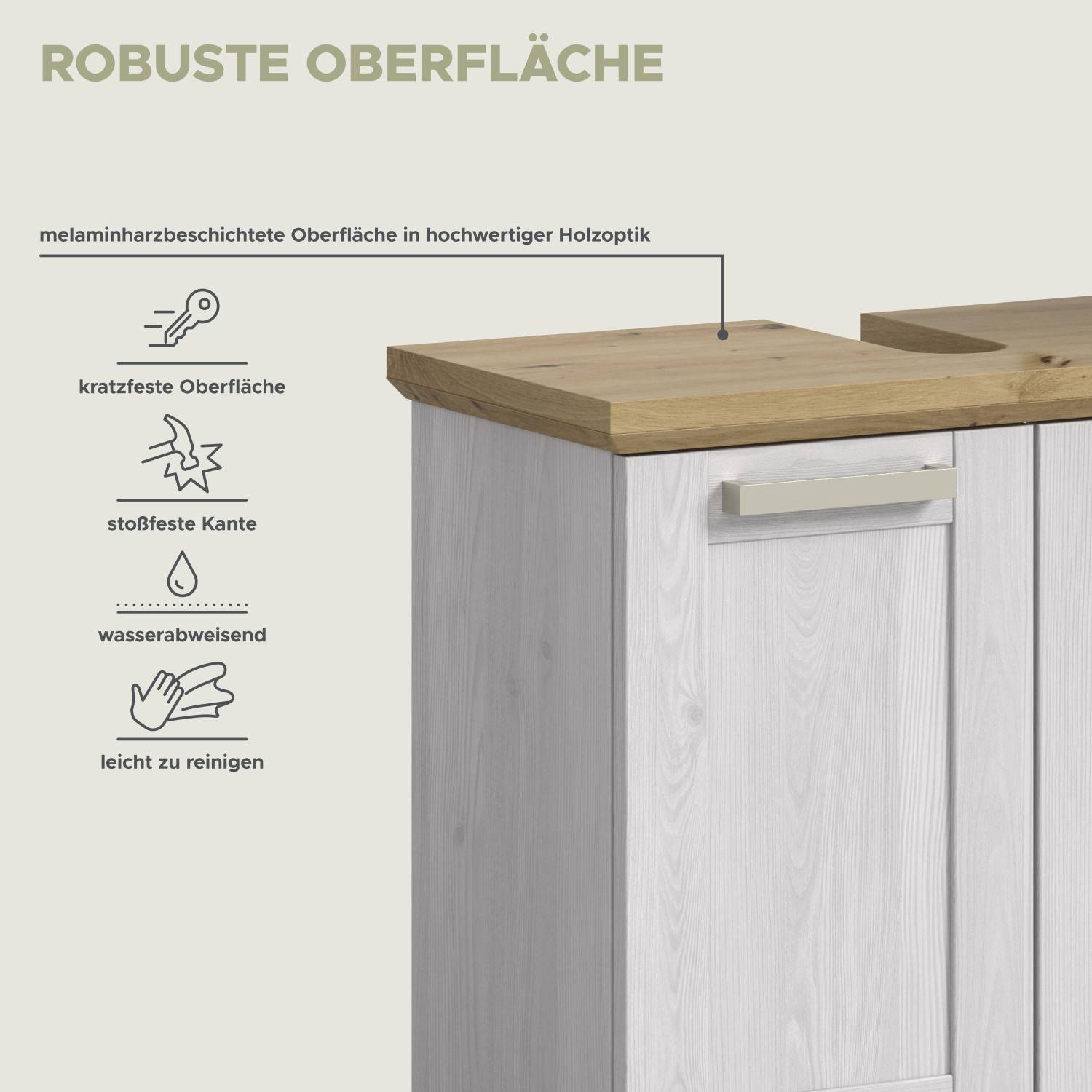 Robuste Oberfläche des Badezimmermöbel Sets, kratzfest, stoßfest, wasserabweisend und pflegeleicht – Tocella