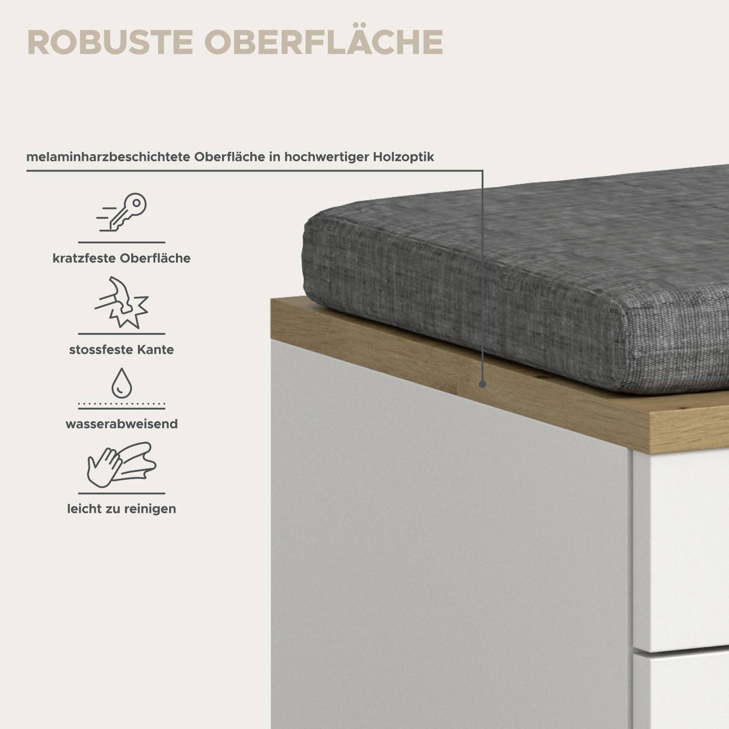 Robuste, kratzfeste Oberfläche der Schuhbank 2er Set mit Holzoptik und grauem Polster – Sandy