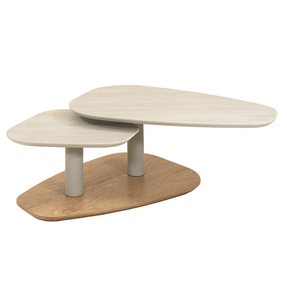 Eleganter Couchtisch mit zwei schwenkbaren Tischplatten in Hellbeige und Holzoptik – Denmark