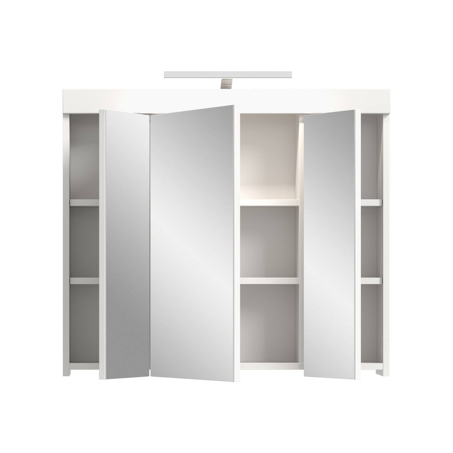 Weißer Badspiegelschrank mit geöffneten Spiegeltüren, Beleuchtung und Stauraum – Bruna