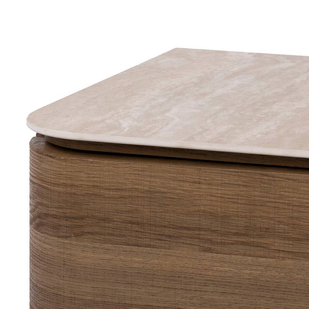Abgerundete Hänge-Nachtkonsole Eiche Holzdekor mit heller Marmorplatte Detail – Sieno