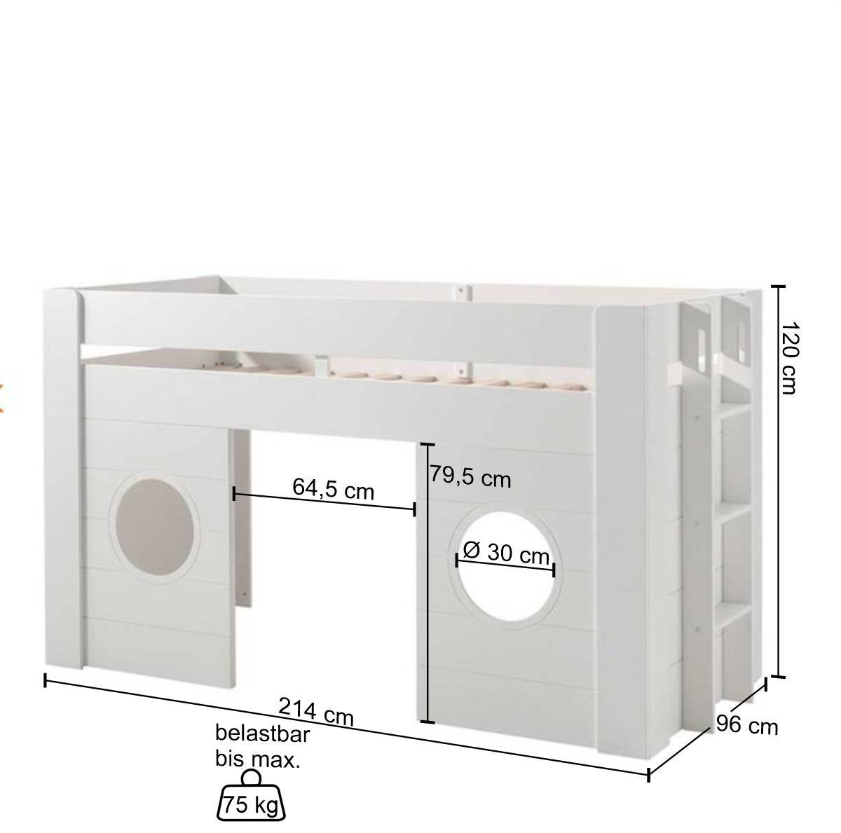90x200 Kinder Hütten Hochbett in Weiß - Lapel