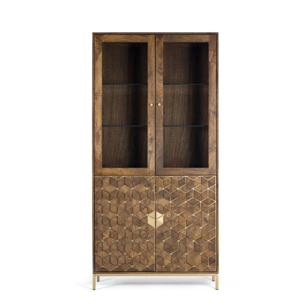 Design-Vitrinenschrank in Walnussbraun und Gold - Rasimo