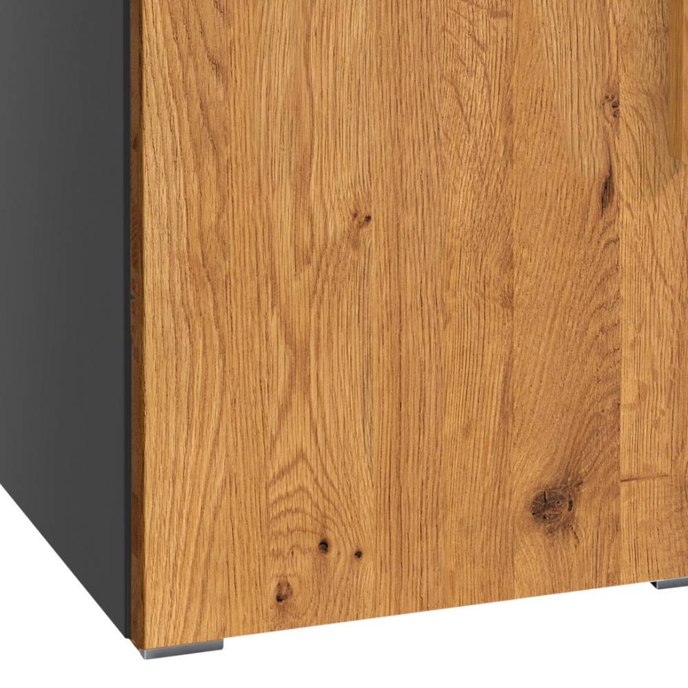 Kommode mit Eiche-Holzfront und dunkelgrauem Korpus auf kleinen Metallfüßen – Chali