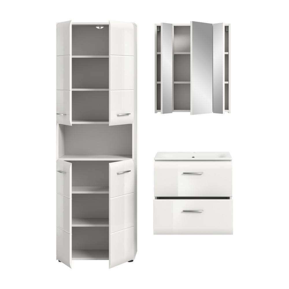Weißes dreiteiliges Badmöbel Set mit Hochschrank, Spiegelschrank und Waschtischunterschrank in Hochglanz – Clona