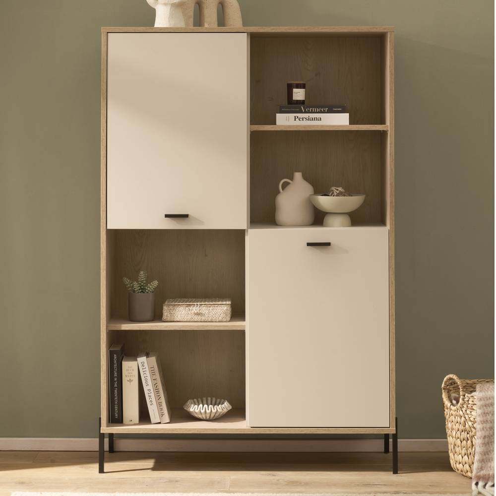 Geräumiger Wohnzimmerschrank in Beige und Eiche Holzoptik mit offenen und geschlossenen Fächern – Dasanti