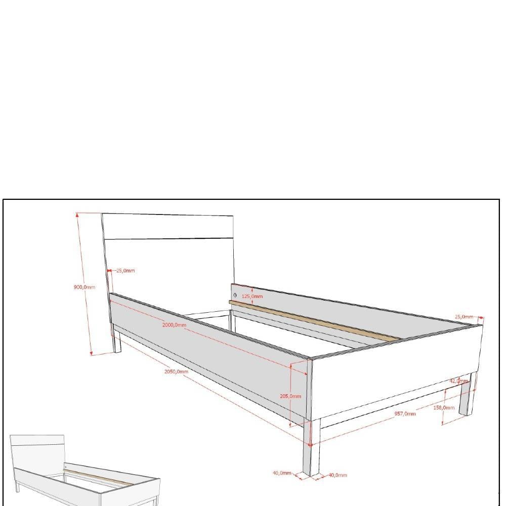 Bettgestell 90x200cm Maße und Abmessungen detailliert in technischer Zeichnung dargestellt – Crocinol