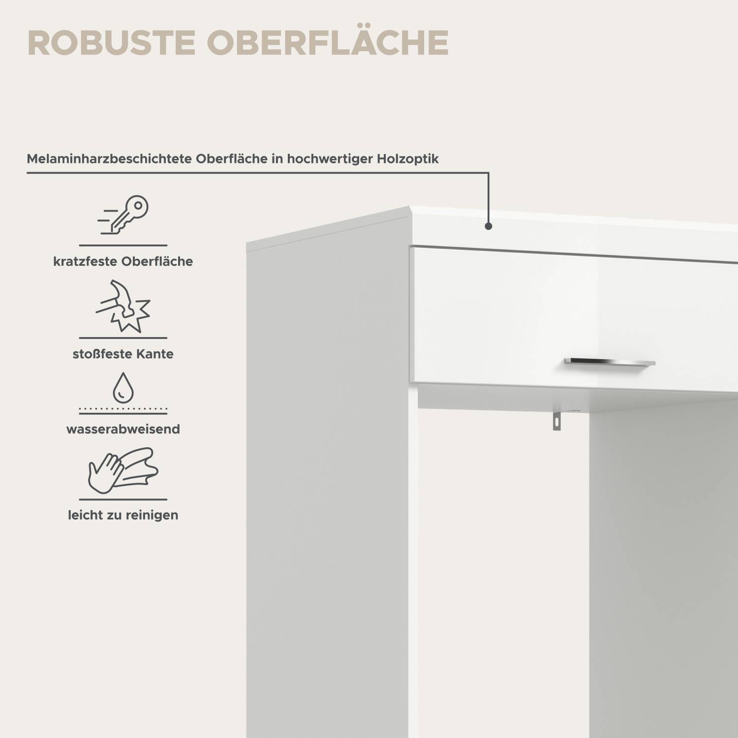 Robuste, kratzfeste und wasserabweisende Oberfläche des weißen Badschranks – Nanila