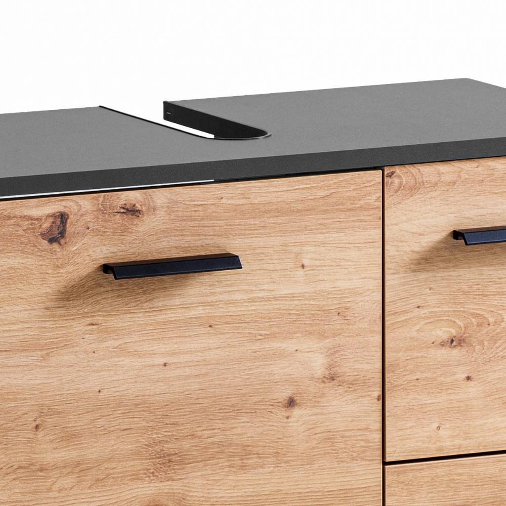 Oberplatte mit Ausschnitt für Waschbecken und Schubladenfronten in Eiche-Look – Plicardo