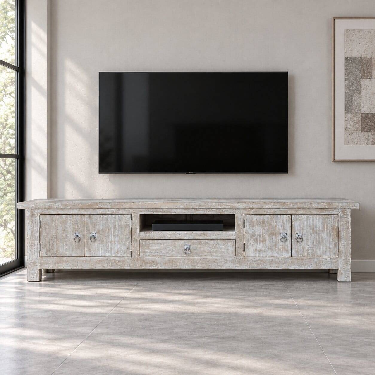White Wash TV Lowboard - Shabby Chic - Catlony