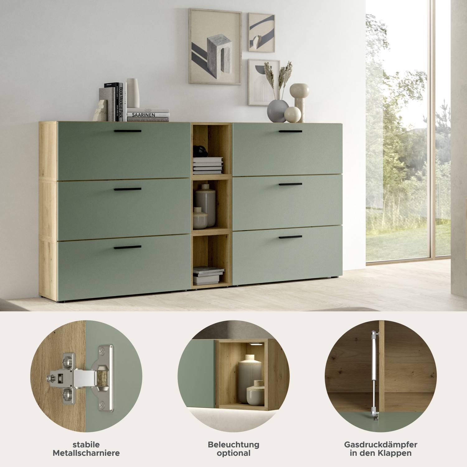 Wohnzimmer-Sideboard mit stabilen Metallscharnieren, Gasdruckdämpfern und Beleuchtung – Jonni