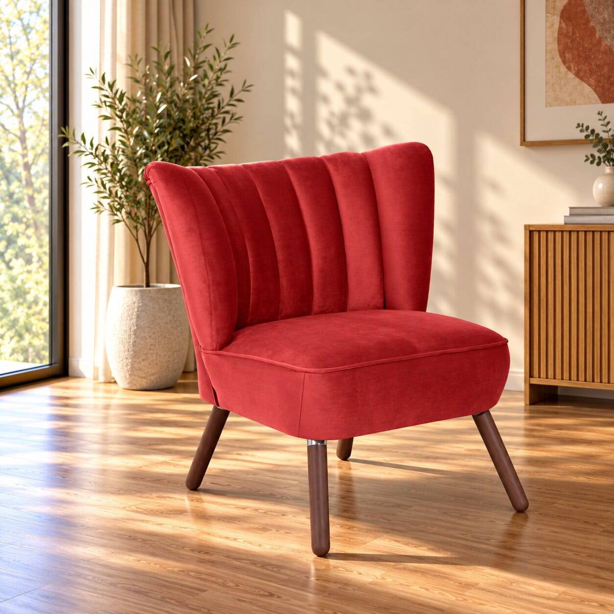 Samtvelours Sessel in Rot und Nussbaum - Darand
