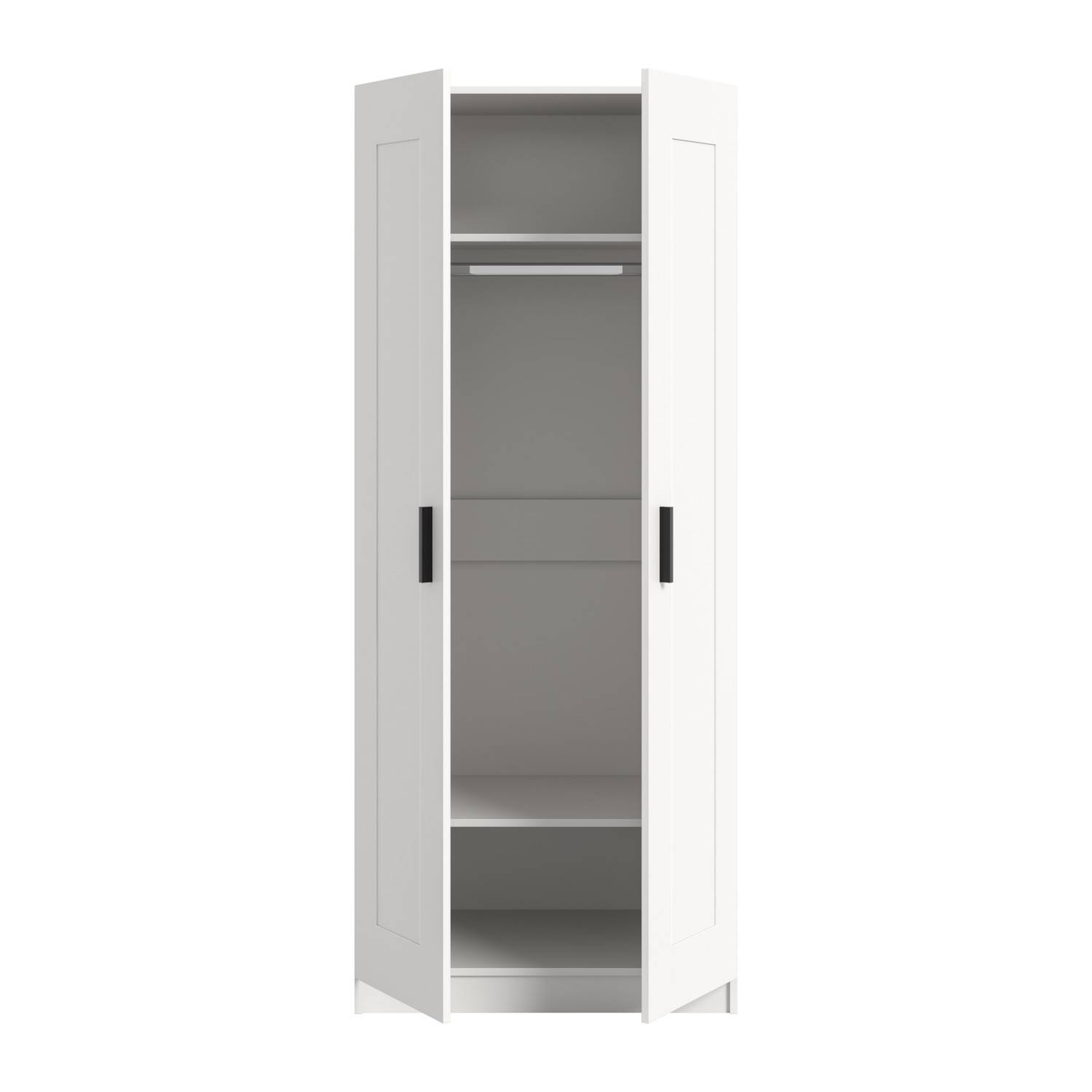 Weißer schmaler Hochschrank mit offenen Türen und leerer Inneneinrichtung mit Kleiderstange und zwei Böden – Bilbo