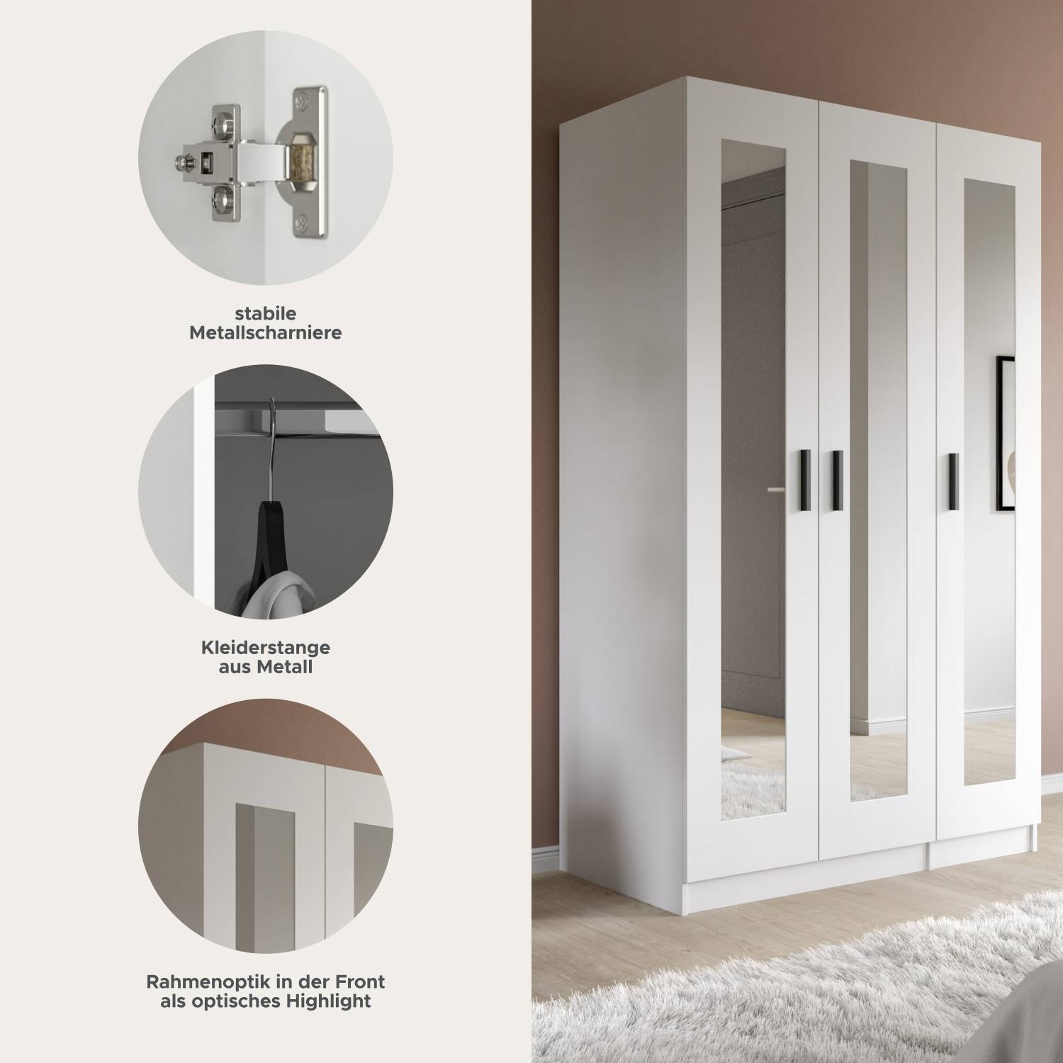 Weißer Kleiderschrank mit Spiegeltüren, stabilen Metallscharnieren, Kleiderstange und Rahmenoptik – Bilbo
