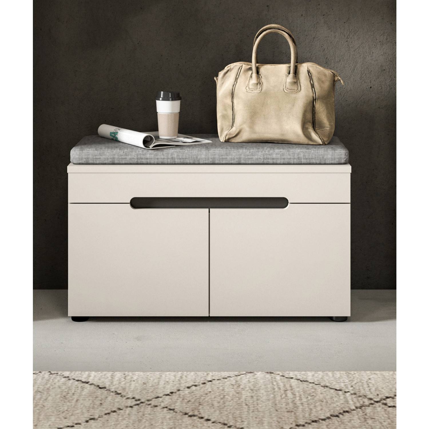 Geradlinige Schuhbank in hellem Taupe mit geschlossenen Türen und grauem Polster – Elvadia