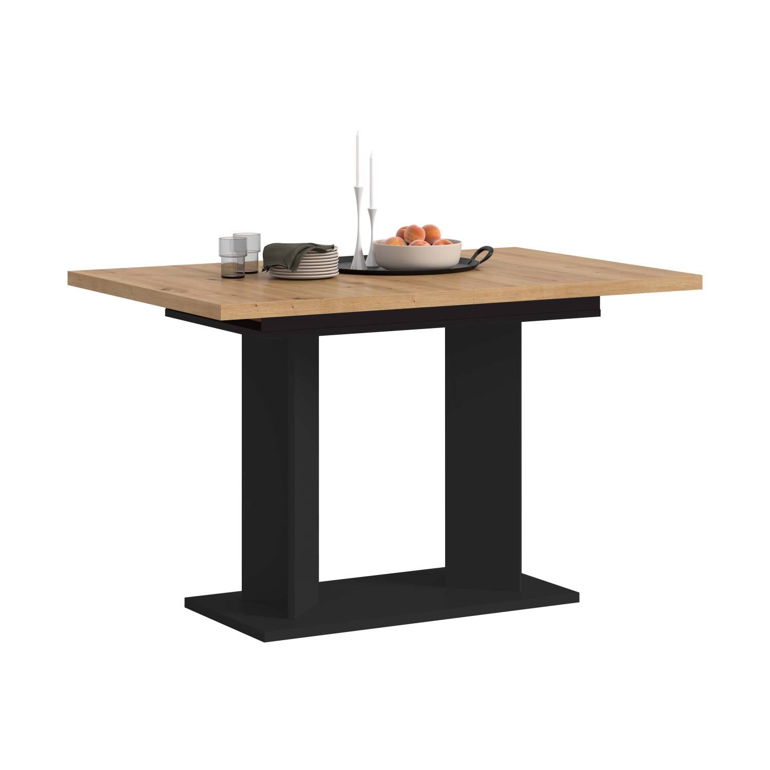 Eleganter Esszimmertisch schwarz mit Wangengestell und heller Holzoptik Tischplatte – Norjan