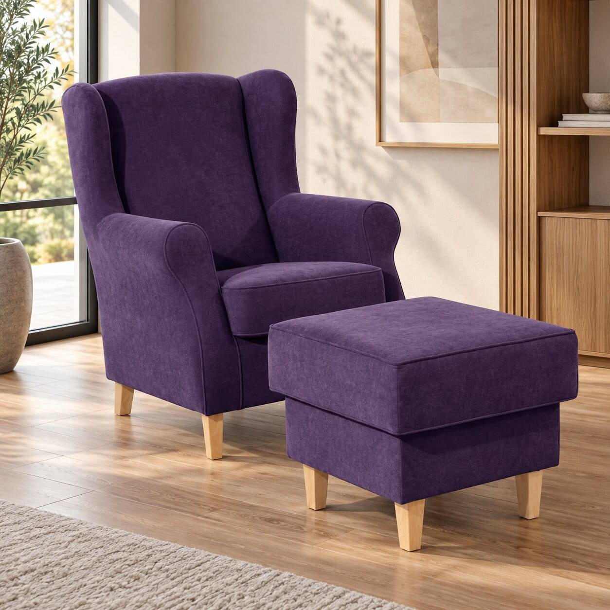 Velours-Ohrensessel in Violett mit Buche - Antonia