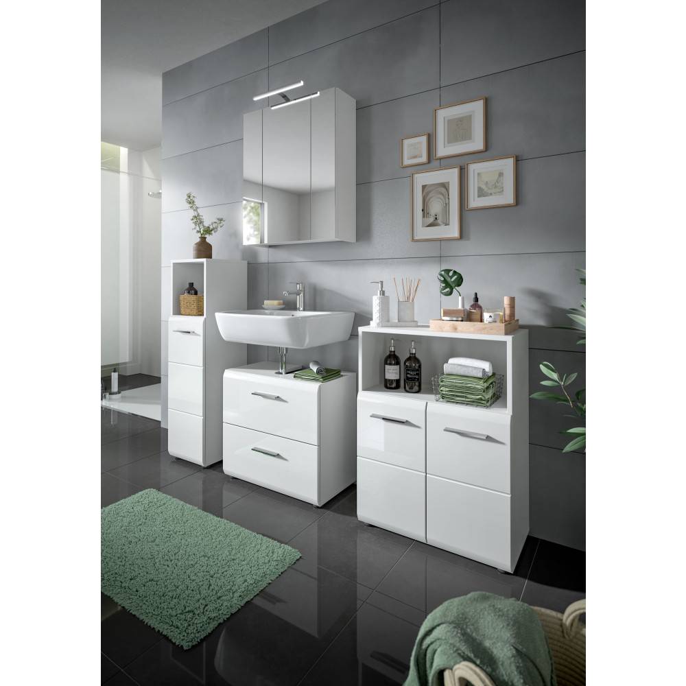 Modernes weißes Waschplatz Set mit Spiegelschrank und Waschbeckenunterschrank im Badezimmer – Clona