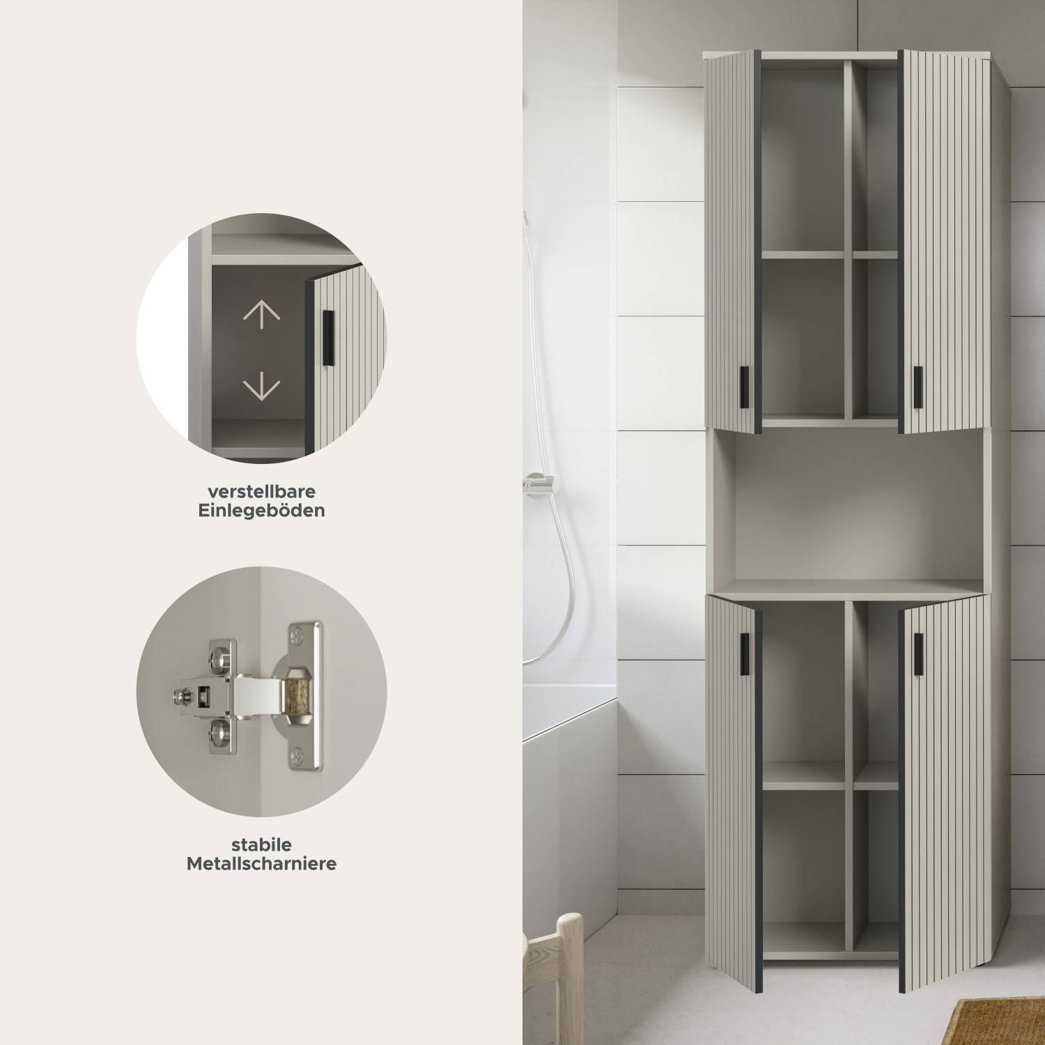 Flexible verstellbare Einlegeböden und hochwertige Metallscharniere für den Schrank – Loktos