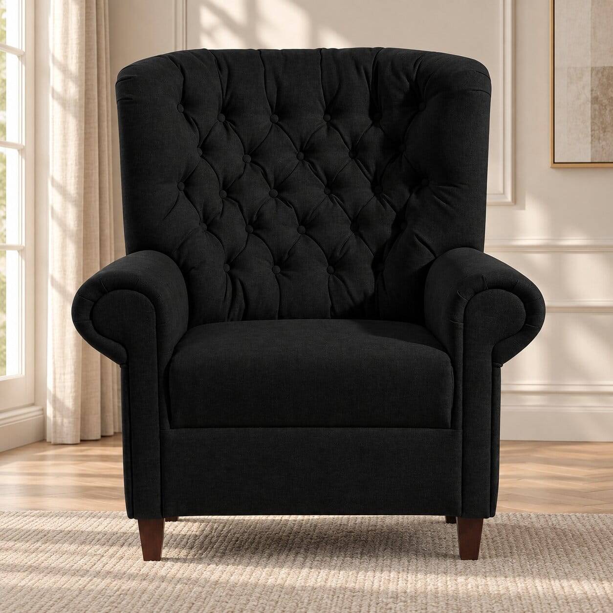 Federkern Sessel im Chesterfield Look in Schwarz mit Nussbaum Braun