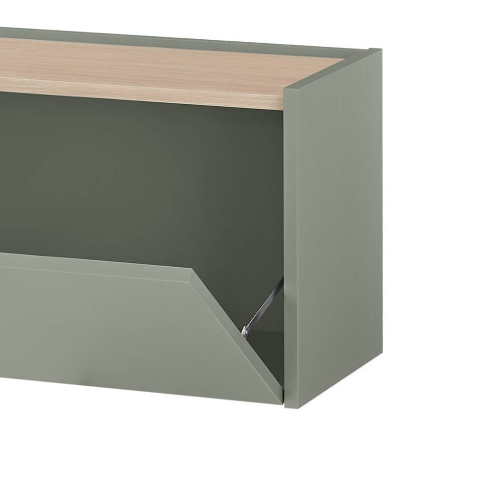 Graugrüner Wandschrank mit leicht geöffneter Klapptür, Mechanismus und Holzplatte – Socotta