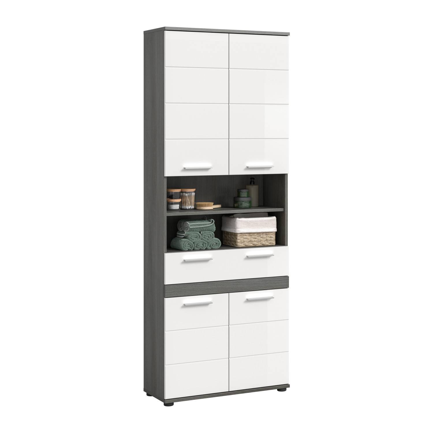 Hoher Badschrank mit vielen Stauraumfächern, Schubladen und offenen Regalen in Weiß und Grau – Chapan