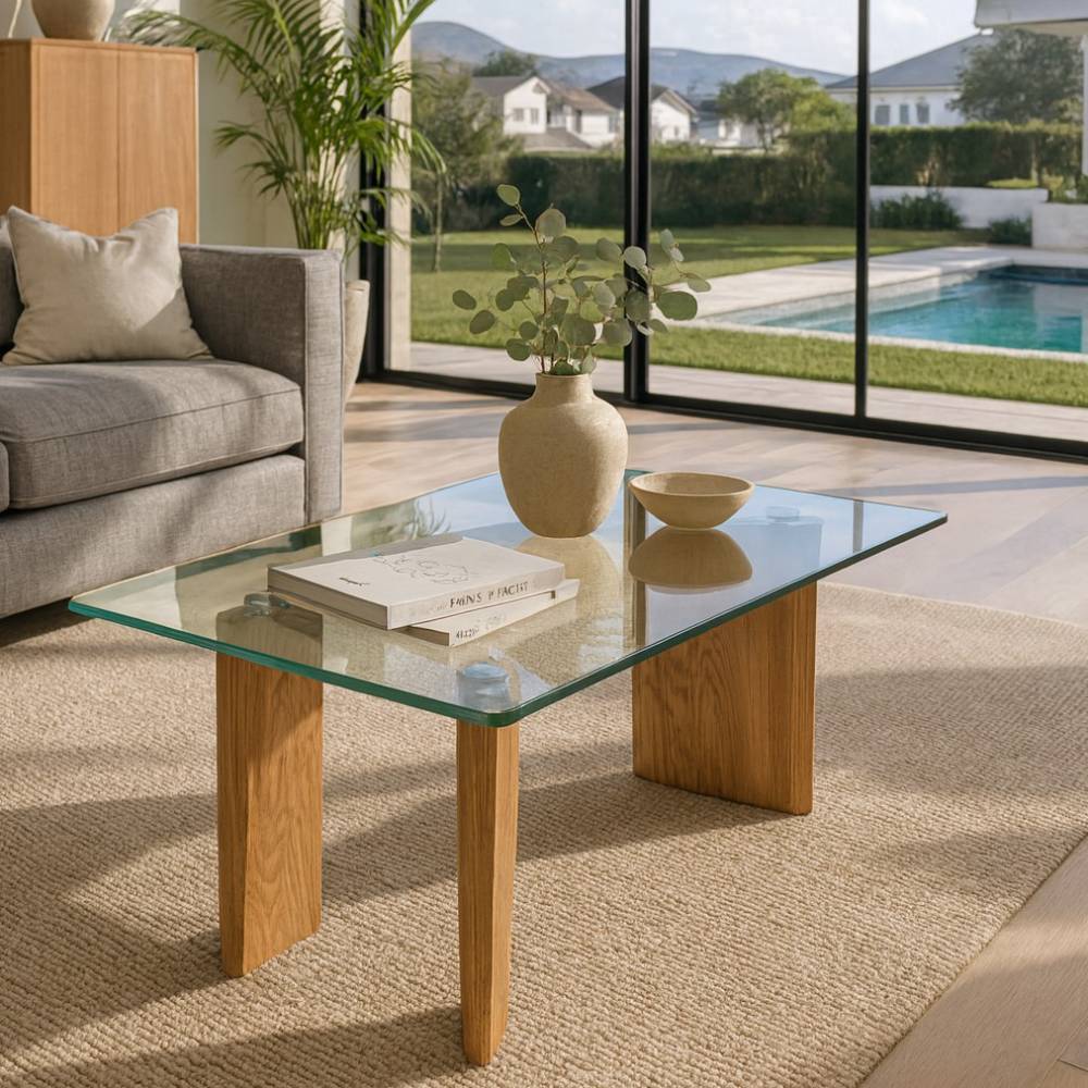 Trapez-Design-Couchtisch mit Glasplatte - Adriatano