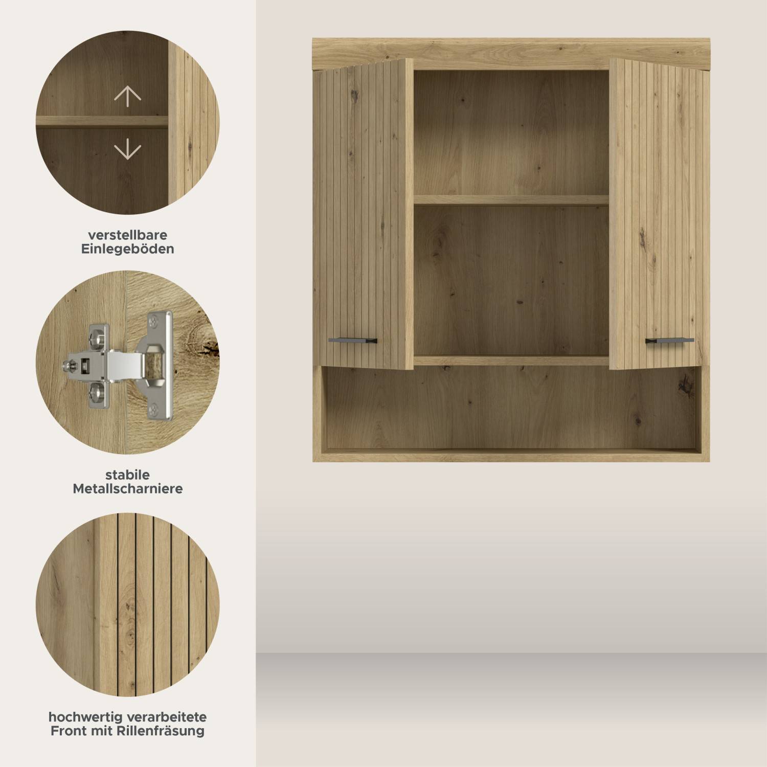 Wandschrank mit verstellbaren Einlegeböden, stabilen Metallscharnieren und gerillter Front – Lasewood
