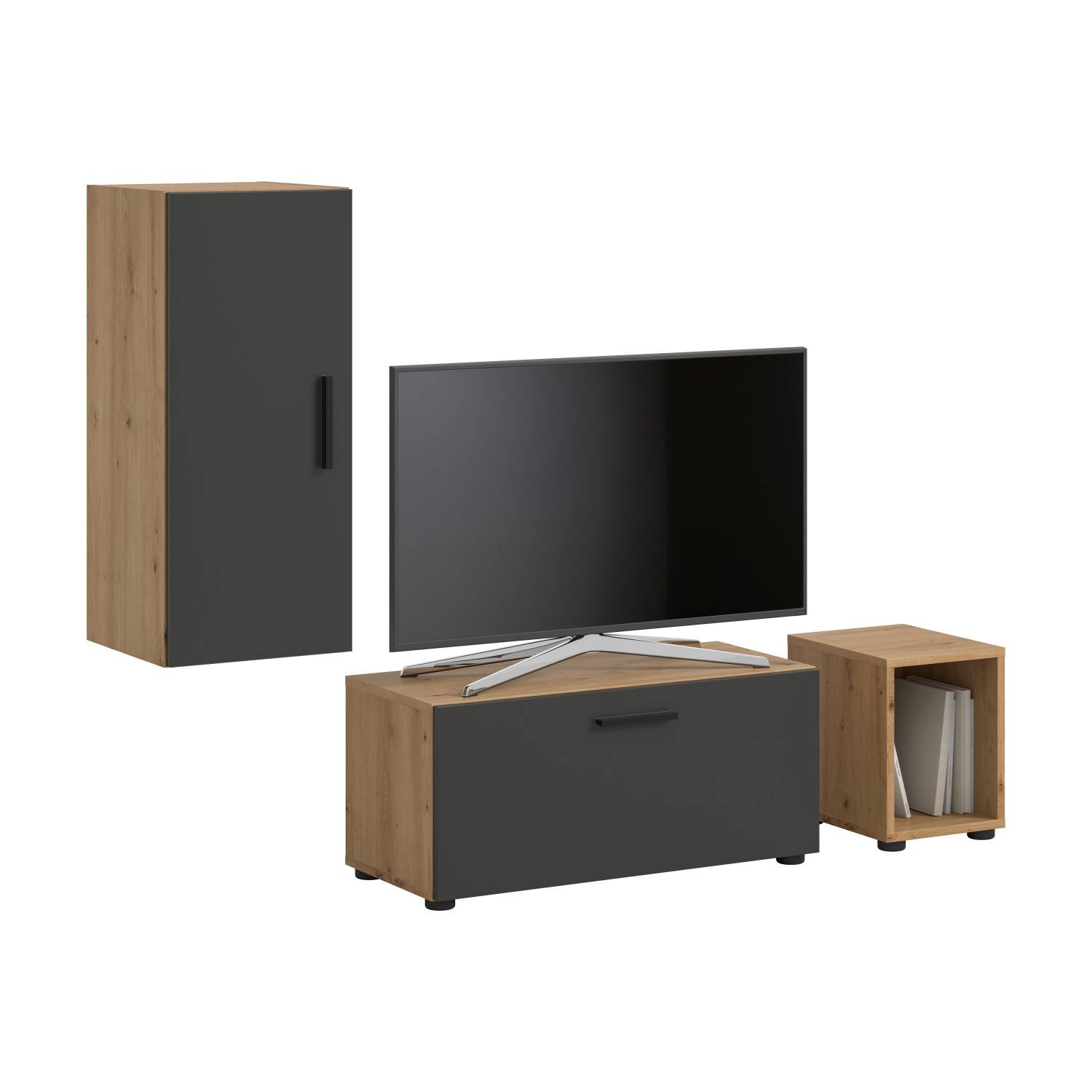 Dreiteilige Anbauwand in Artisan Oak Dekor und Anthrazit für das Wohnzimmer – Estoron