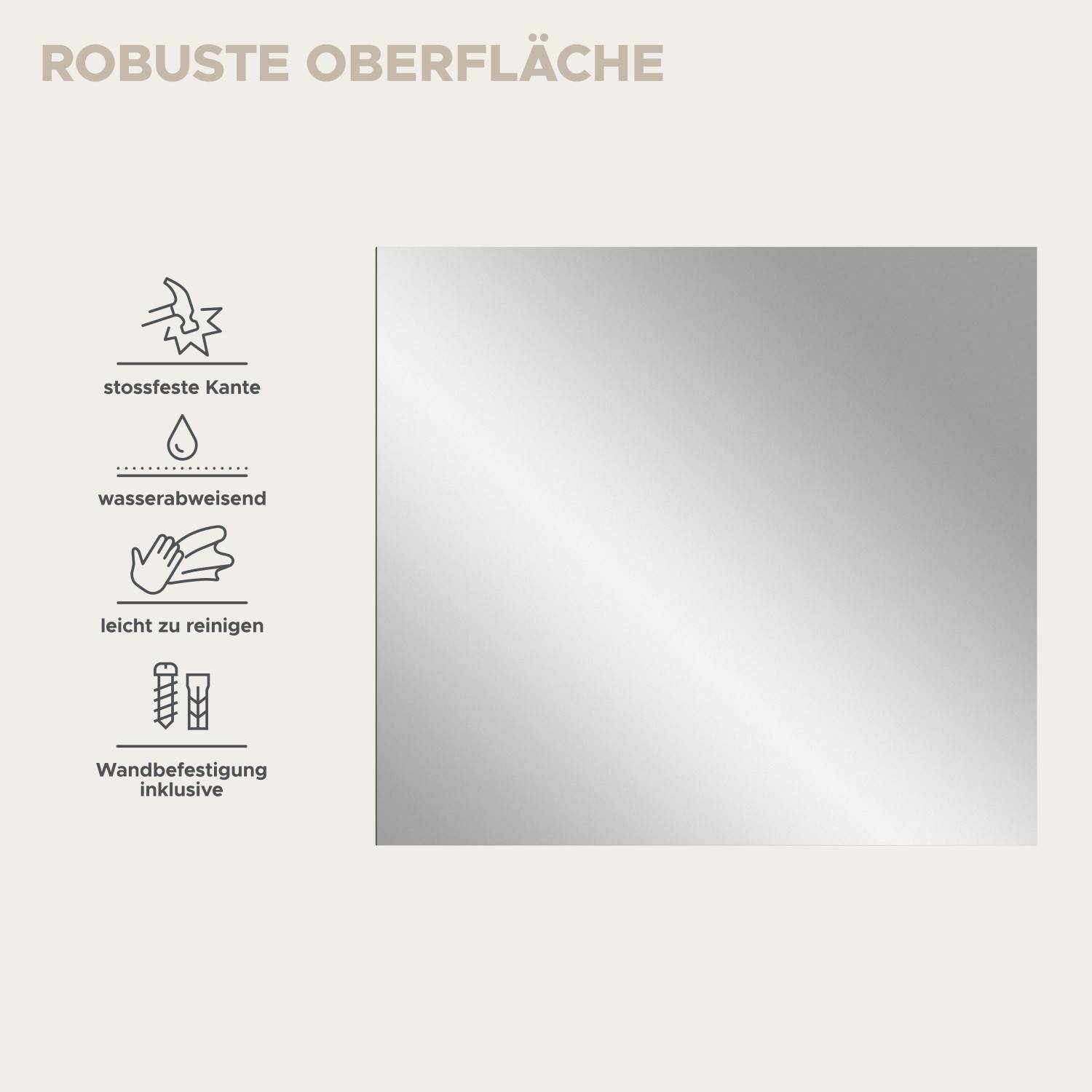 Robuster weißer Badspiegel mit stoßfester Kante, wasserabweisend und leicht zu reinigen – Sandy