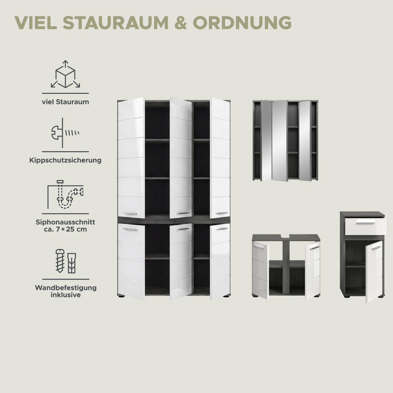 Badmöbel-Set mit viel Stauraum, Kippschutzsicherung, Siphonausschnitt und Wandbefestigung – Chapan