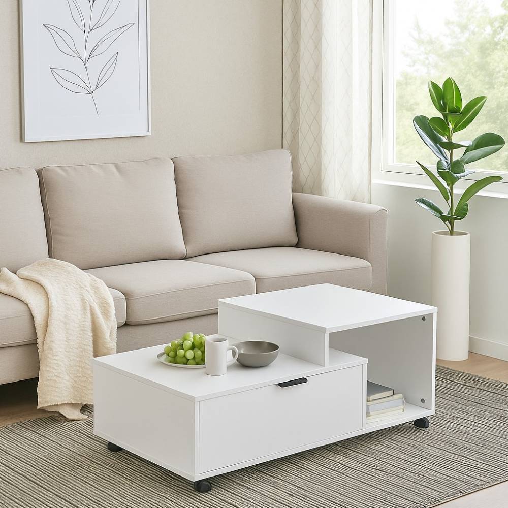 Weißer Wohnzimmer-Couchtisch auf Rollen - Filipeo