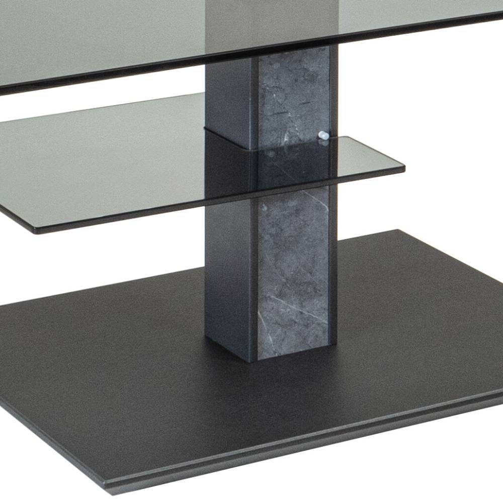 Schwarze Tischbasis mit Marmoroptik-Säule und unterer Glasablage des Couchtisches – Cinema
