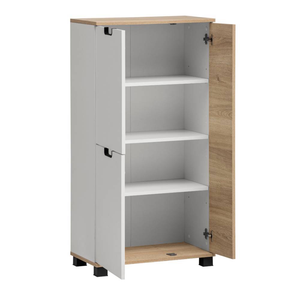 Offenes Bad Highboard in Mattweiß und Eiche mit drei weißen Ablagefächern und Tür – Jokna