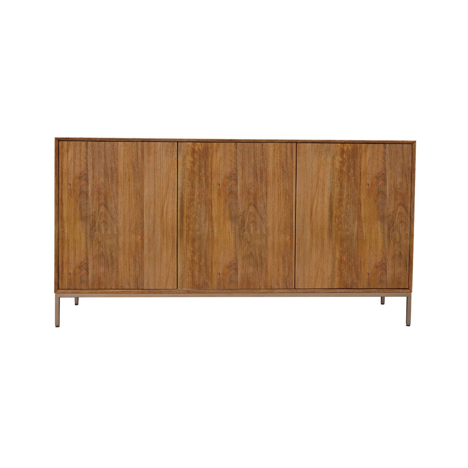 Mittleres Sideboard aus Massivholz mit drei vertikal gerillten Türen und Metallfüßen – Kojas