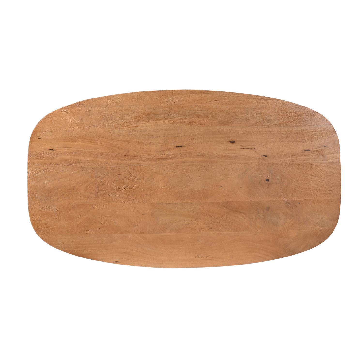 Ovale Tischplatte aus hellem Mangoholz mit natürlicher Maserung und charakteristischen Holzeinschlüssen – Kojas