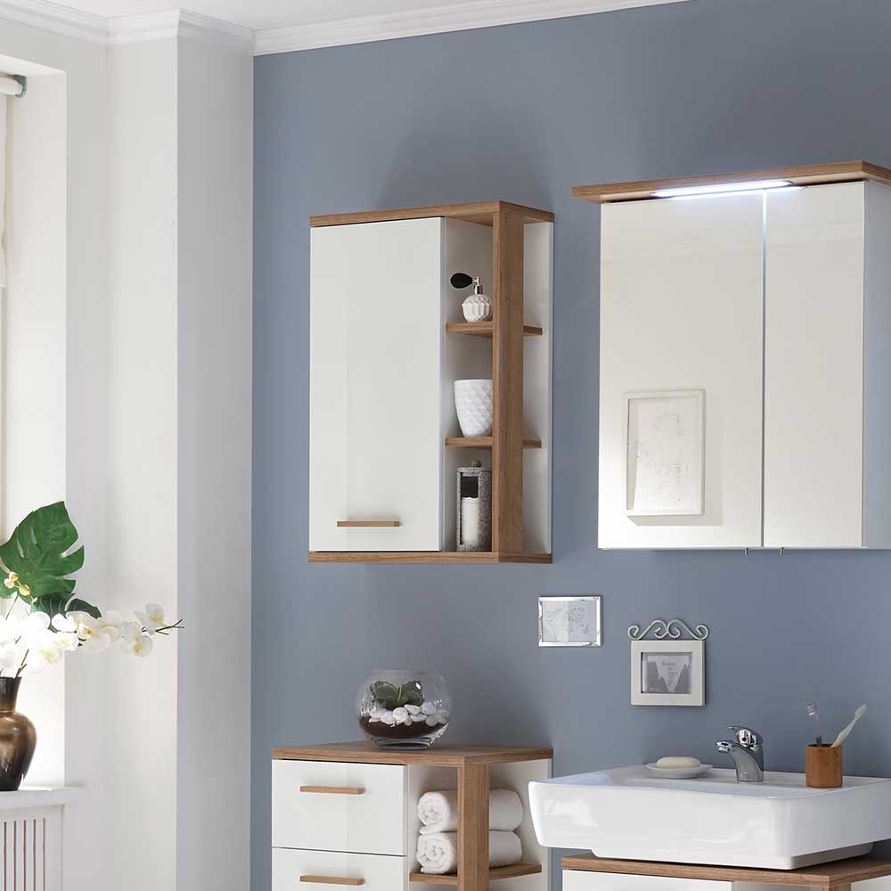 Badezimmer Hängeschrank in Weiß mit Eiche Natur - Timur