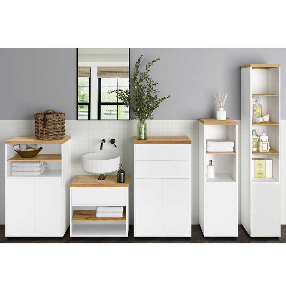 Badezimmer Hochschrank in Weiß mit Wildeiche - Alenta