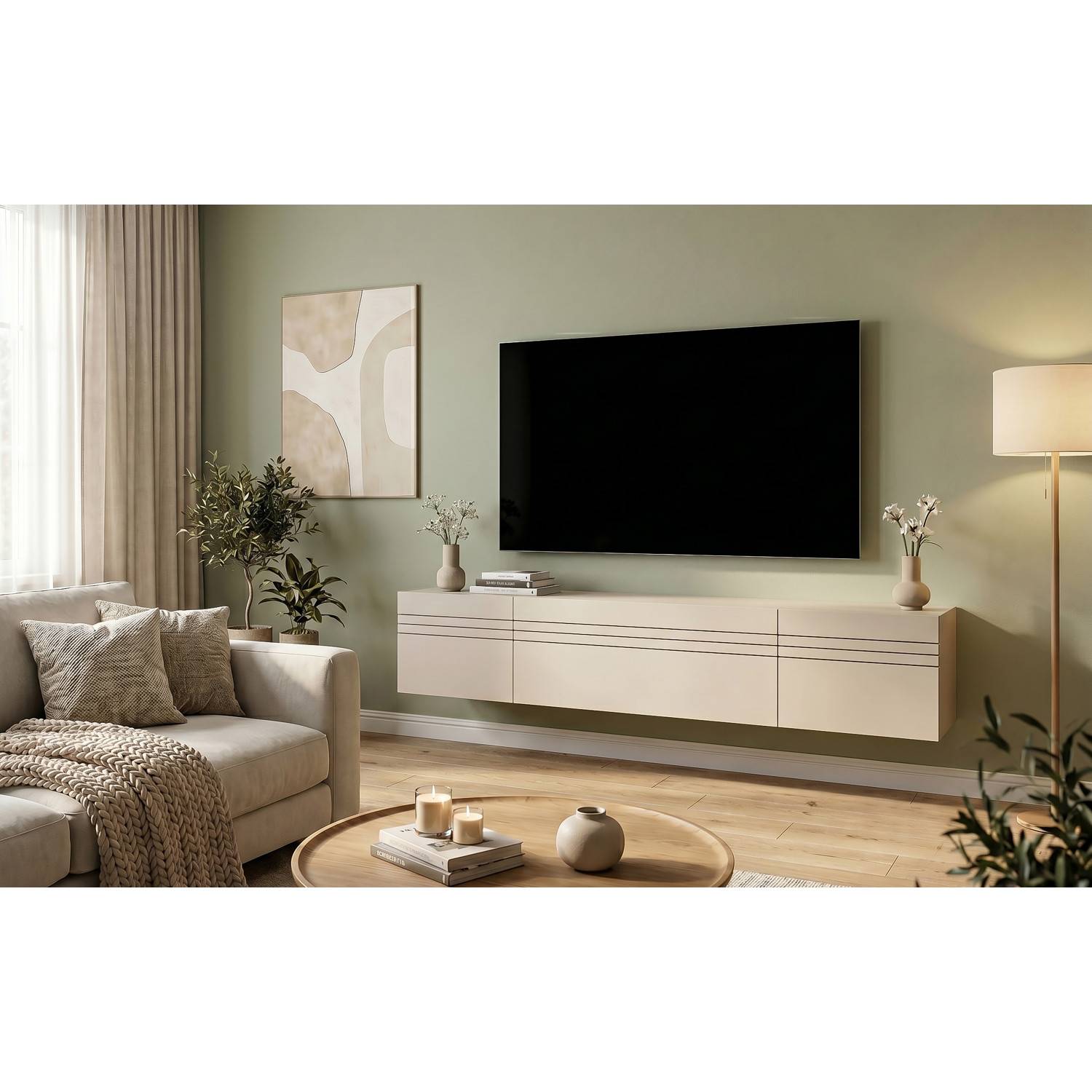 Beige schwebende Wohnwand mit drei Fächern unter einem Fernseher im modernen Wohnzimmer – Draguno