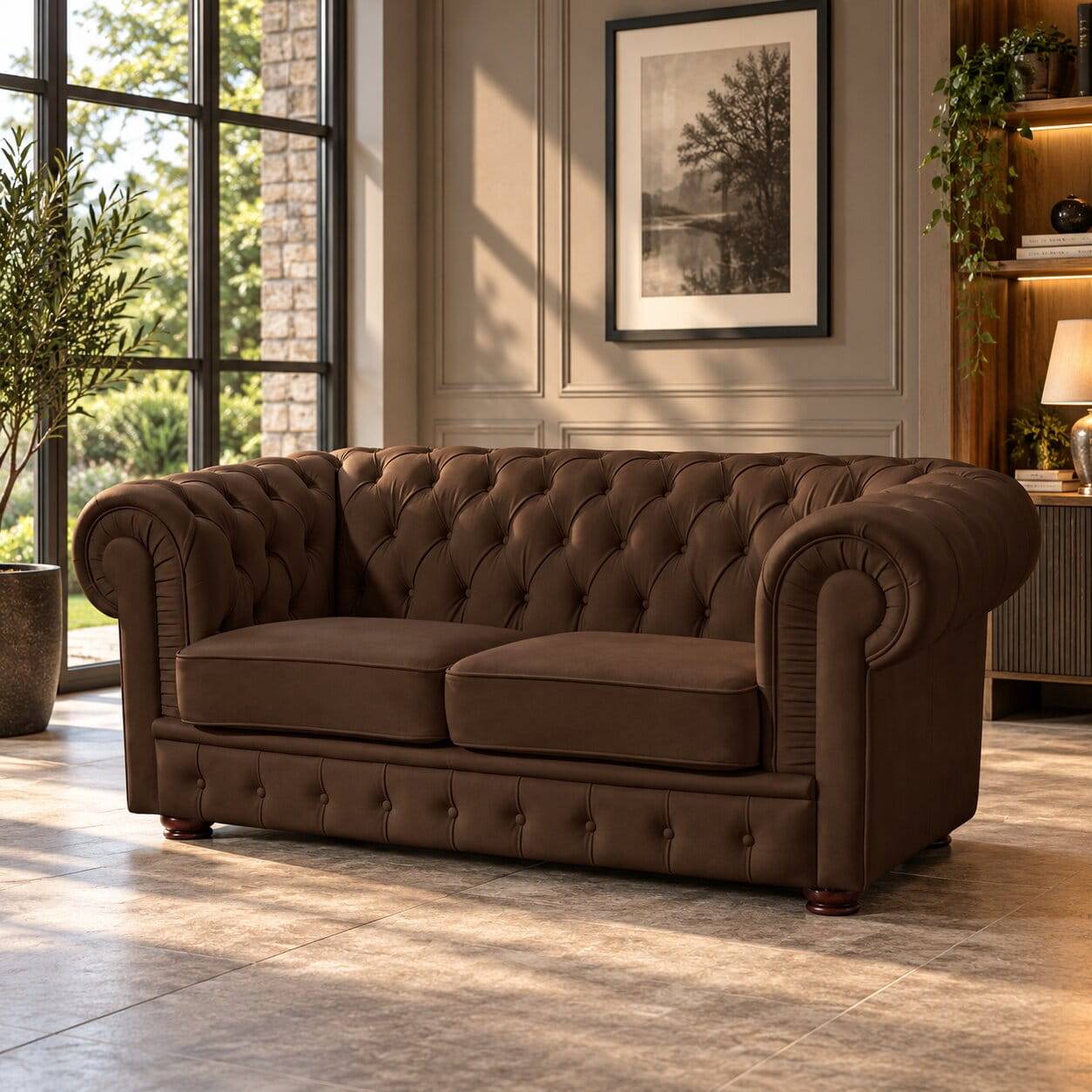 Chesterfield Kunstledercouch in Braun - Cementa