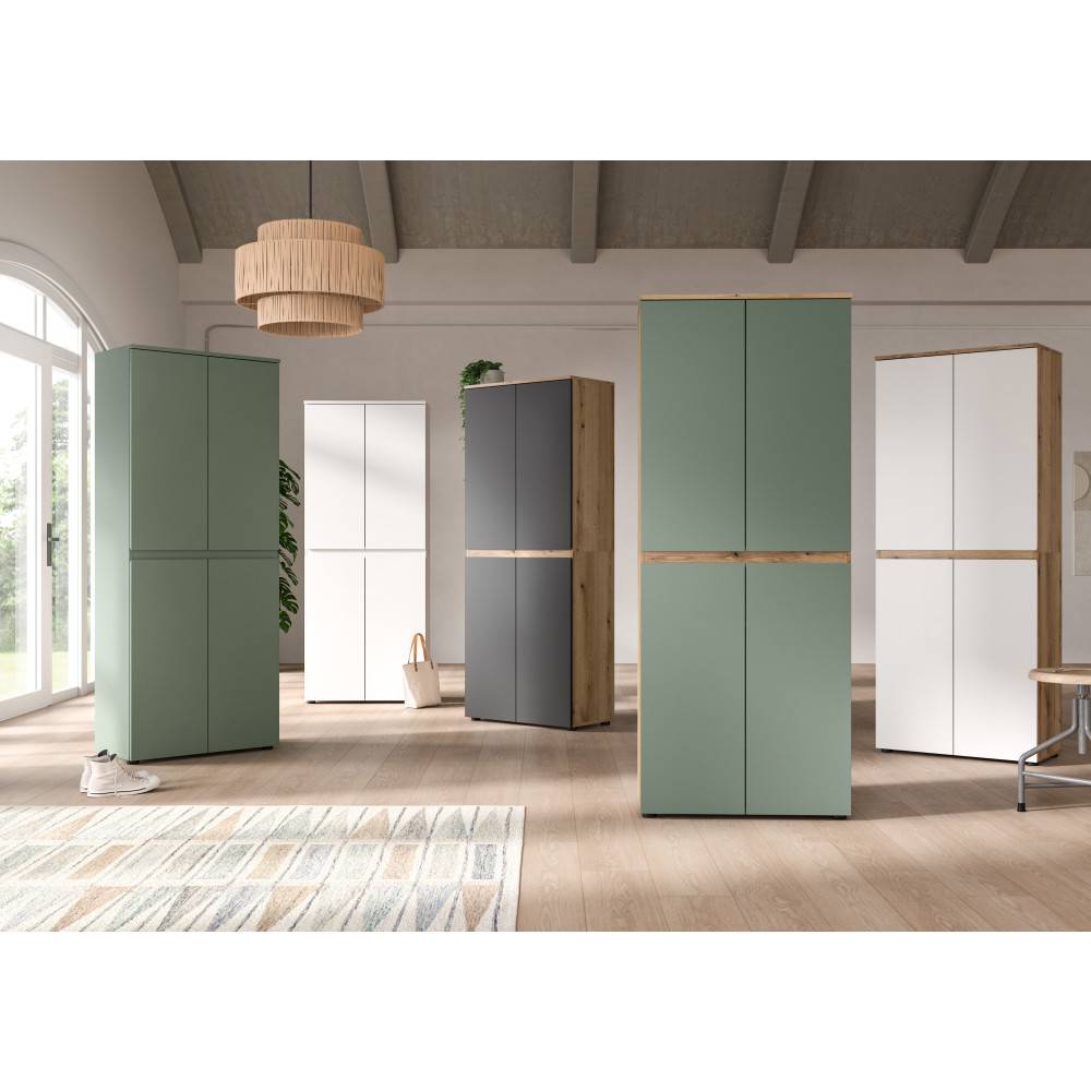Verschiedene salbeigrüne und farbige Büromöbel Sets mit Holz Akzenten in eleganter Raumansicht – Peso