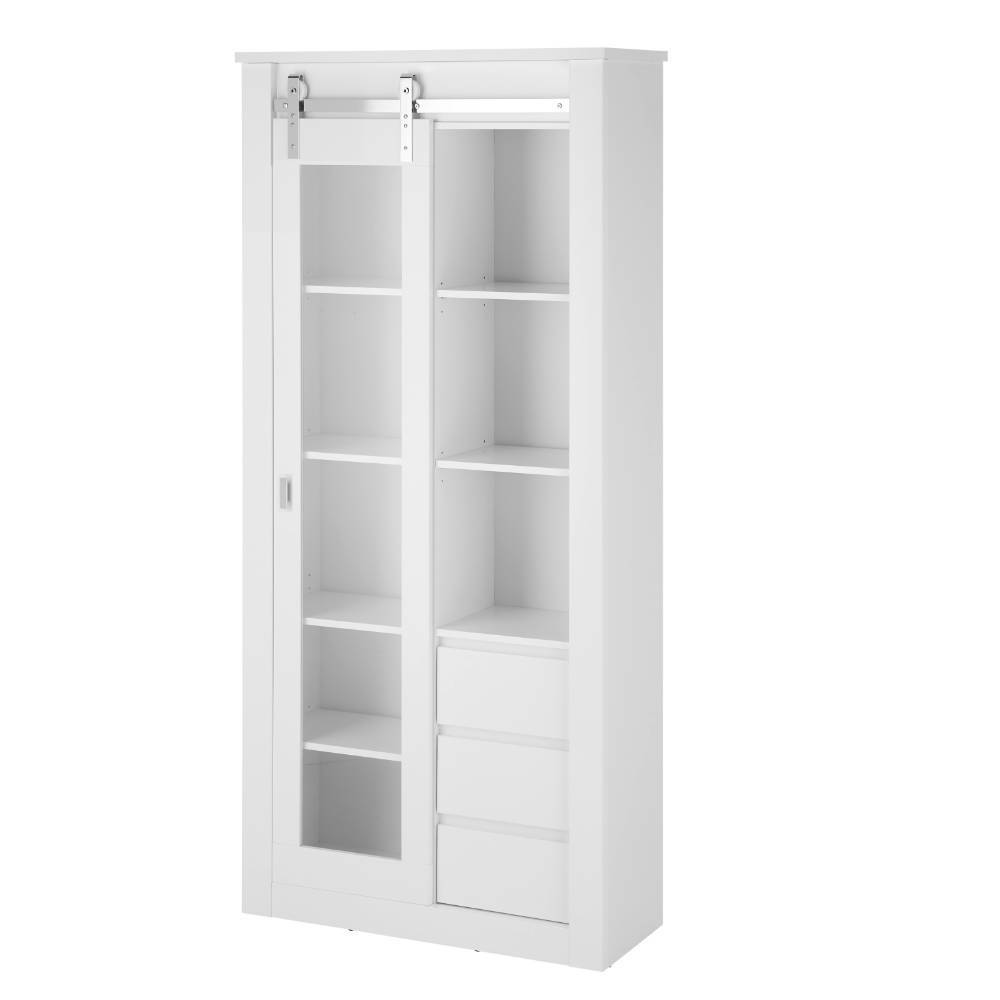 Weiße Designvitrine mit einer Glasschiebetür und offenen Fächern für das Esszimmer – Memphys