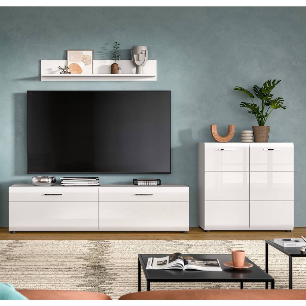 Weißes TV Lowboard und passendes Sideboard mit Stangengriffen für das Wohnzimmer – Clona