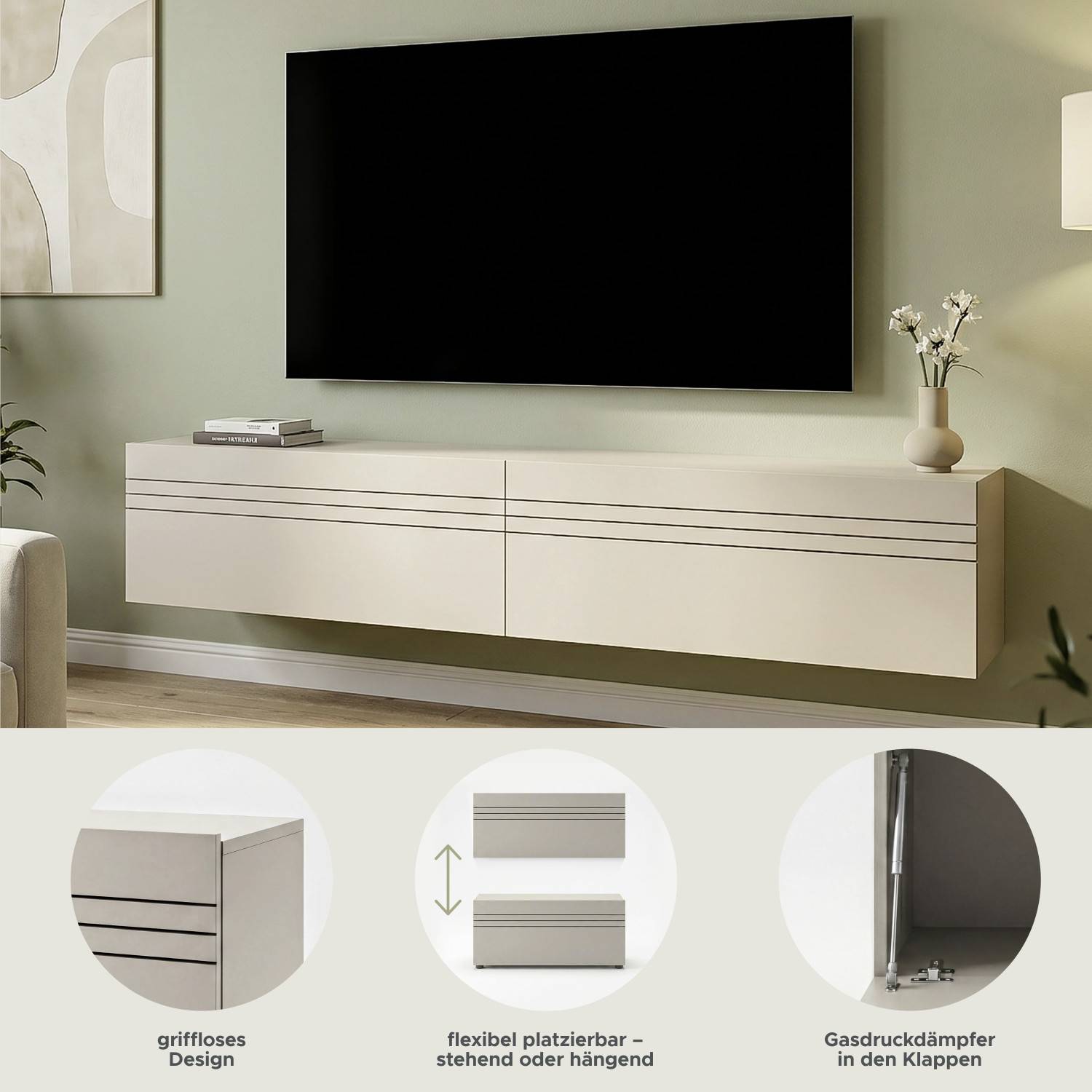 Graubeige matte Wohnwand mit grifflosen Klappen, Gasdruckdämpfern und flexiblen Platzierungsmöglichkeiten – Draguno